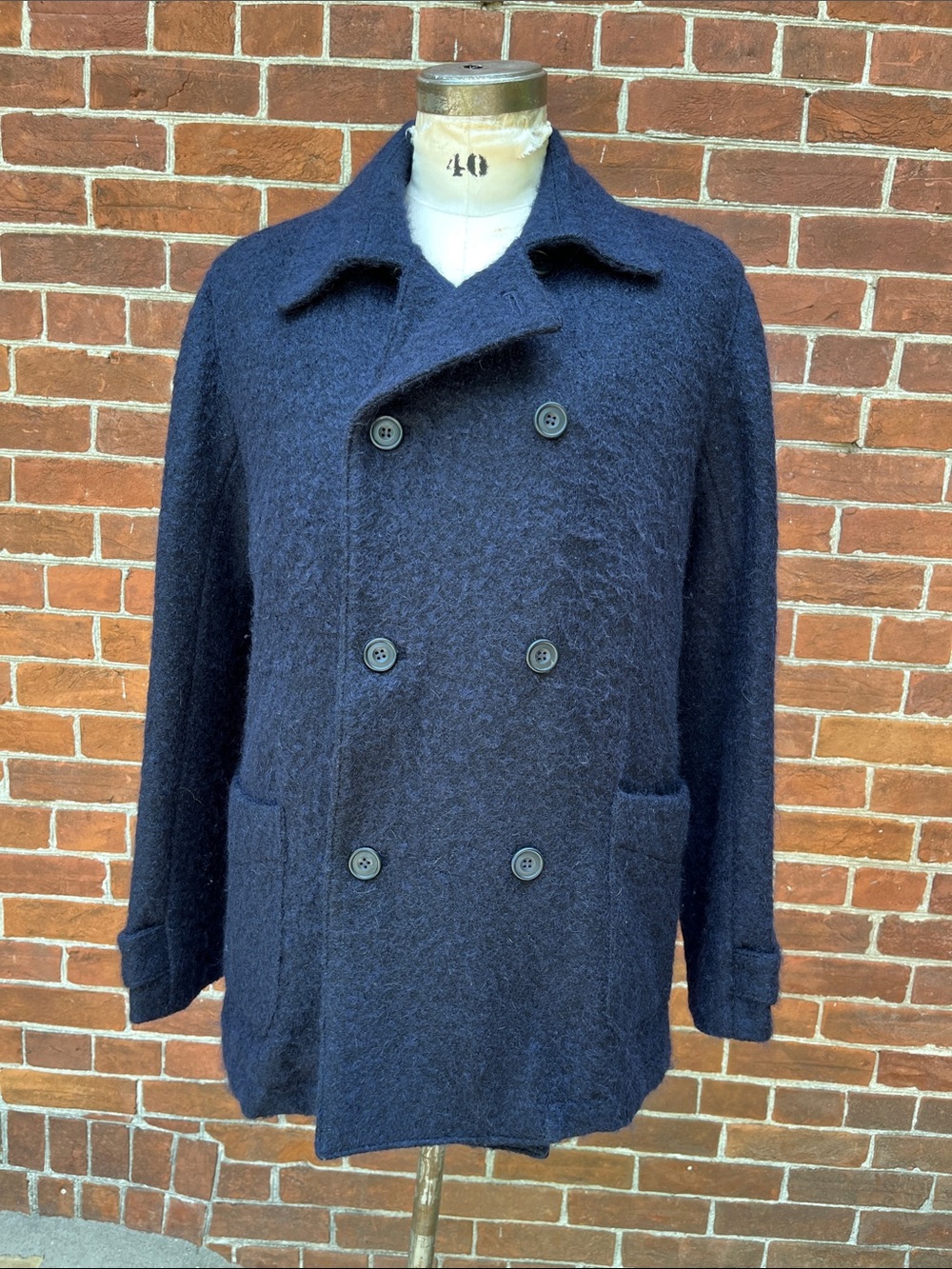 Richard James Navy Double-Breasted Pea Coat Wool Mohair Cashmere